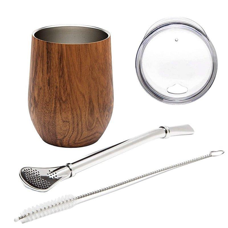 12Oz,Double-Wall Stainless Mate Gourd Tea Cup Set Coffee Water Cup with Lid 1 Bombillas Straws Filter Spoon&Brush