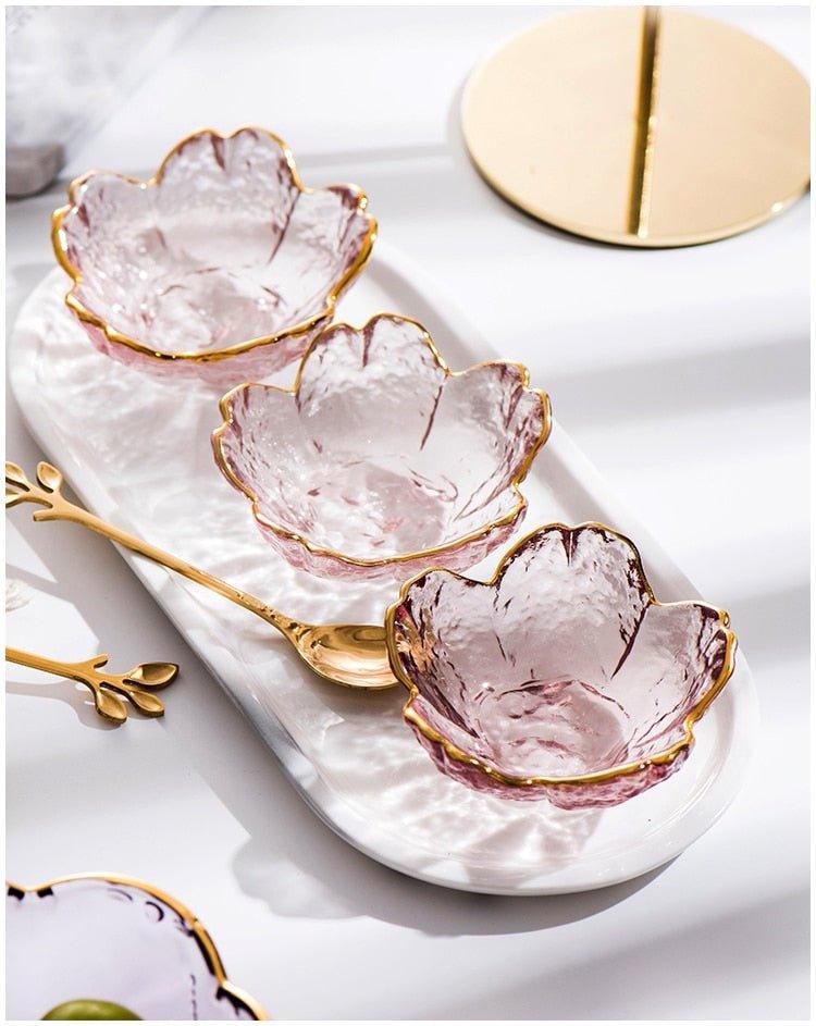 1PC  New Cherry Blossoms Seasoning Plate Small Glass Dish Nodic Gold Inlay Sauce Bowl For Ice Cream Fruit Sala Kitchen Supplies