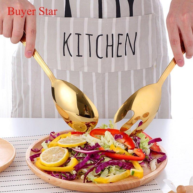 2pcs Gold Salad Spoon and Fork Stainless Steel Spoons Stirring Fork Kitchen Utensils Metal Buffet Service set for restaurant