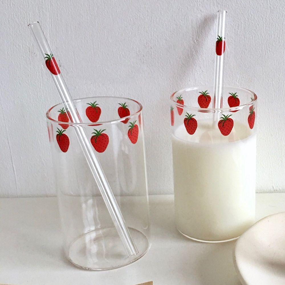 300ml Creative Transparent Water Cup Strawberry Cute Glass Cup With Straw Student Milk Heat Resistant Glass Nana