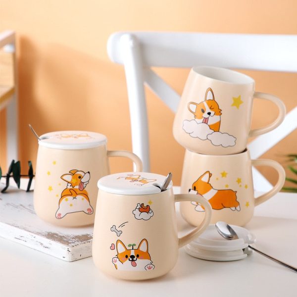 440ml Coffee Milk Tea Mugs Cartoon Ceramics Corgi Mug With Lid and Spoon Breakfast Cup Drinkware Novelty Gifts For Children Girl