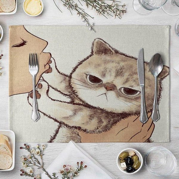 Cat Linen Table Mat Cute Cat Cats Place Mats Cartoon Animal Pattern Placemats for Children Kids Kitchen Dinning Place Mats Pads
