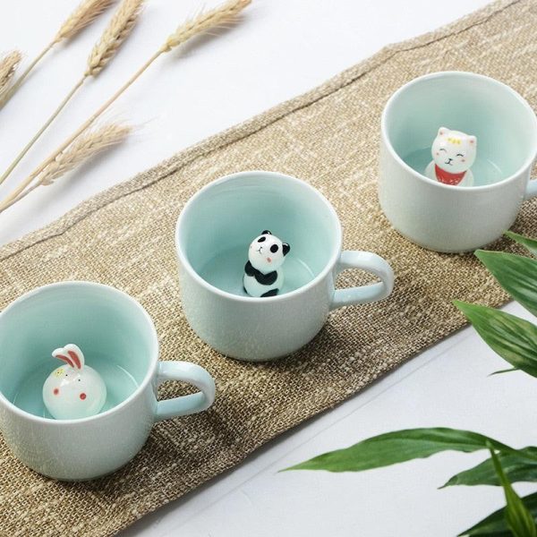 Coffee and milk mugs with cute animals welcoming you