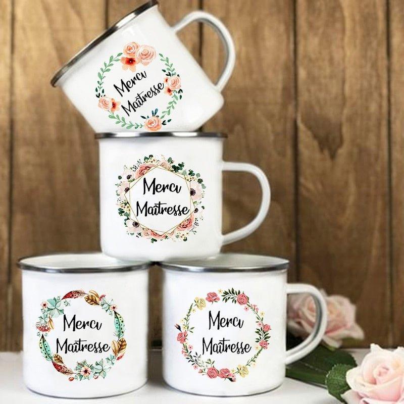 Creative Coffee Tea Cups Drinks Water Milk CupFrench Flower Printed Mugs  Enamel Mug School Home Handle Drinkware Teacher Gifts