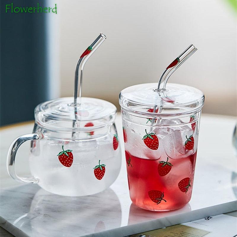 Creative Drinking Cup with Lid Strawberry Glass Mug with Straw High Borosilicate Clear Glass Water Cup Household Milk Juice Cups