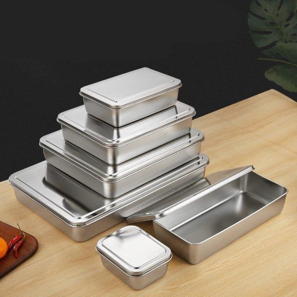 Food Plate Flat Bottom Dish Thicken Stainless Steel Storage Tray with Lid Rectangle Bakeware Cake Bread Baking Pan Kitchen Tools