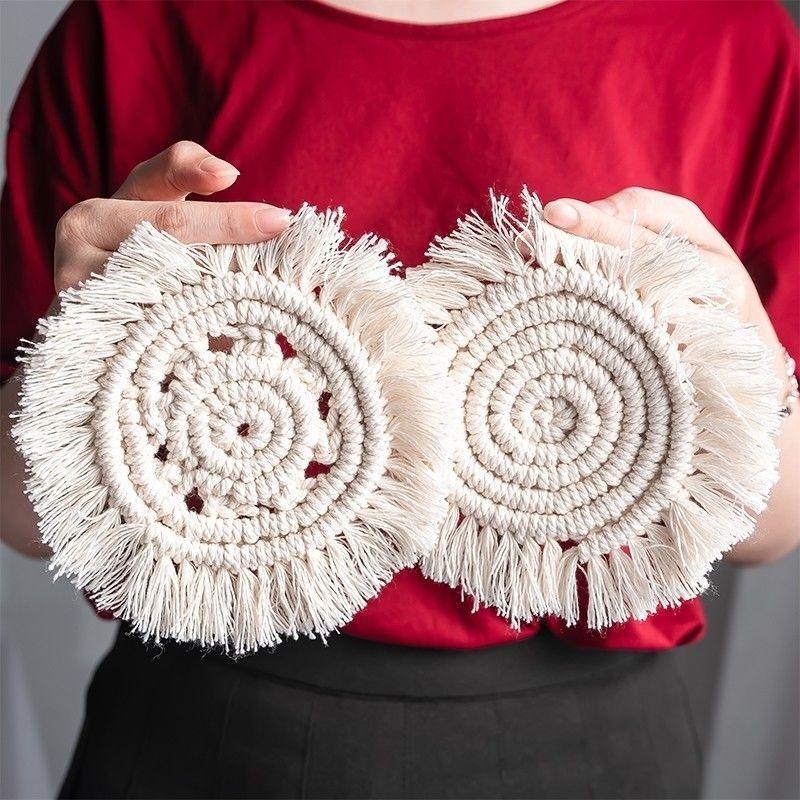 Handmade Macrame Cup Cotton Braid Coaster Cushion Non-Slip Bohemia Style Cup Mat Home Decor Round Place Mat Kitchen Accessories