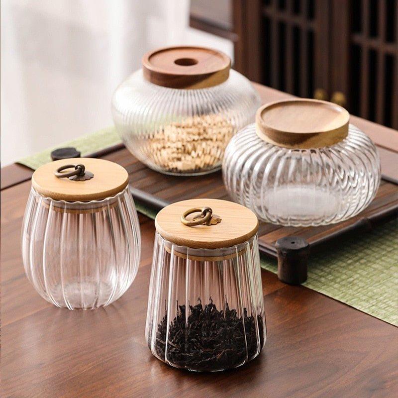 Kitchen Storage Bottles Jar Wood Lid Glass Airtight Canister Food Container Grains Pu'er Tea Can Coffee Beans Candy Jars