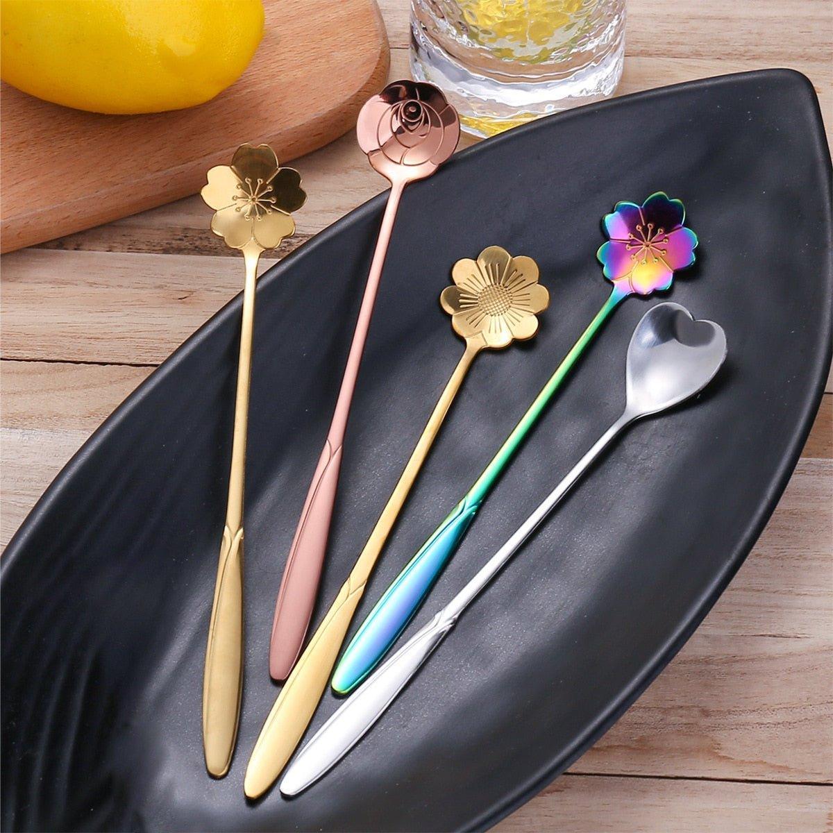 Long Handle Cherry Rose Coffee Stirring Spoon Stainless Steel Honey Mixing Teaspoon Ice Cream Dessert Scoop Decor for Kitchen