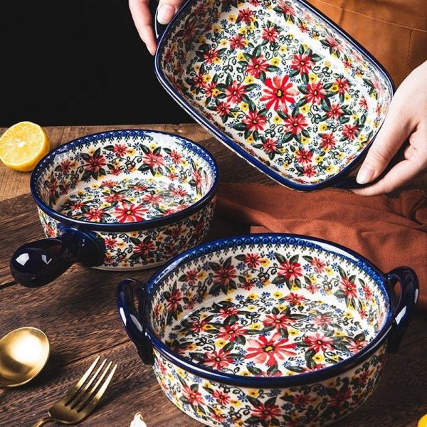 Rice Bowl Binaural Baking Pan Retro Ceramic Bakeware Household Hand Painted Salad Plate Kitchen Tableware Single Handle Bowl