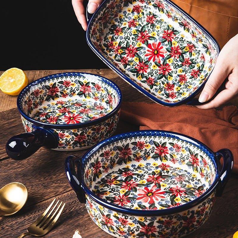 Rice Bowl Binaural Baking Pan Retro Ceramic Bakeware Household Hand Painted Salad Plate Kitchen Tableware Single Handle Bowl