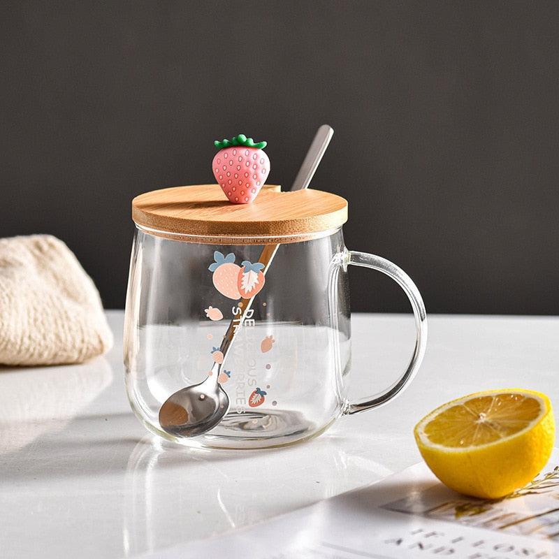 Transparent Mug 3d Lid Cartoon Strawberry Cute Water Glass Drinking Borosilicate Glasses Coffee Milk Juice Drinkware Cup