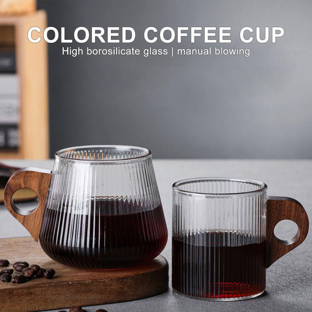 Vertical Stripes Tea Milk Cup Glass Coffee Mug Japanese-Style Glass Cup with Wooden Handle Home Office Drinkware Beer Mug Gift