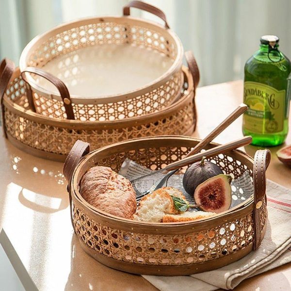 Wicker Plate Hand-Woven Round Rattan Storage Basket Fruit Snacks Serving Tray with Leather Handle