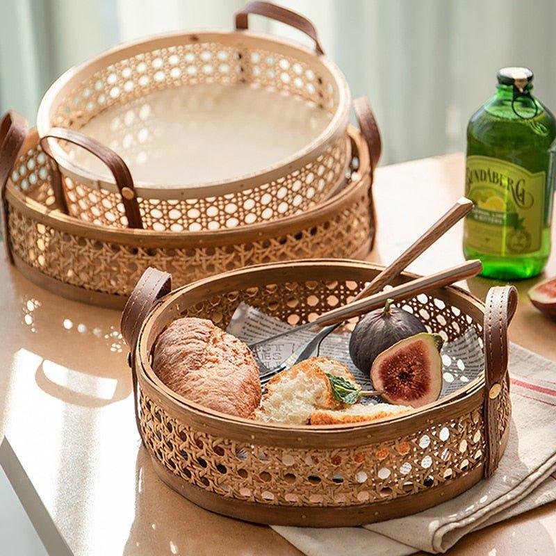 Wicker Plate Hand-Woven Round Rattan Storage Basket Fruit Snacks Serving Tray with Leather Handle