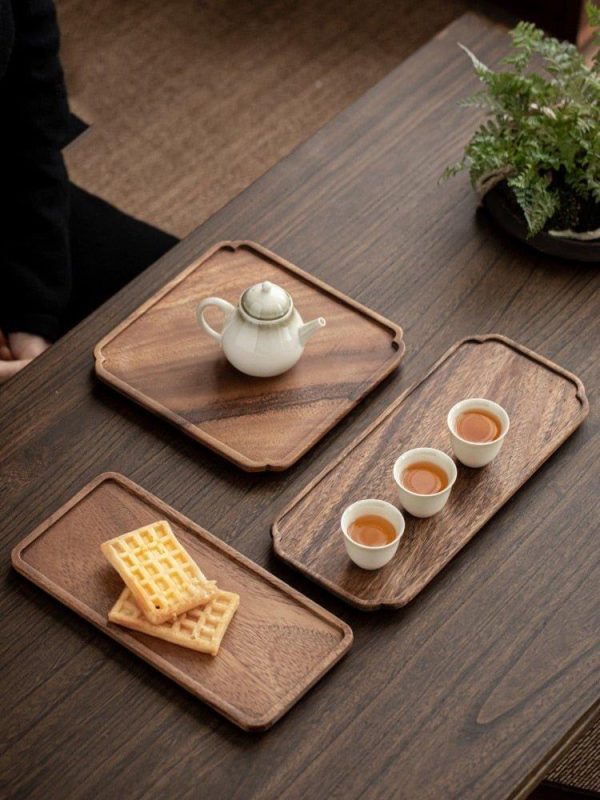 Wooden Natural texture Rectangle Tea Tray Serving Table Plate Snacks Food Storage Dish for Hotel Home Serving Tray Square Walnut